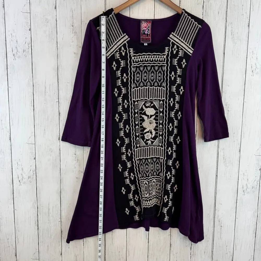 Johnny Was Dark Purple Embroidered 3/4 Sleeve Tunic Boho Cupra Cotton Size Small